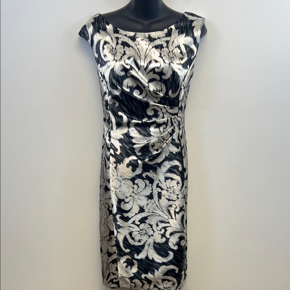Connected Apparel Elegant Black and Cream Satiny Dressy Patterned Dress  Size 12